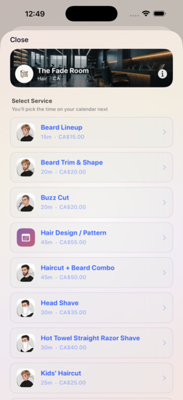 A branded public booking page with service menu and prices