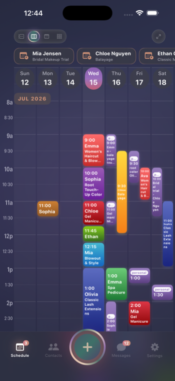 A packed week view in dark mode, including imported personal calendar events